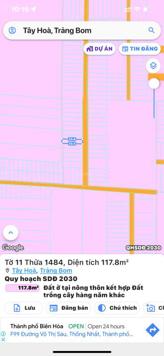 Tây Hoà Trảng Bom Đồng Nai 117.8m2 sổ sẵn full thổ cư. Giá bán 1 tỷ 250. LH 0799 216 799 em Trinh