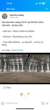 Cho thuê kho xưởng 1000m2 2000m2 3600m2 tại Hoàn Long - Yên Mỹ - Hưng Yên