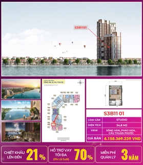 Căn VIP STUDIO Sun Symphony Residence S3B1101 - 34,8m² - View sông Hàn, bên du thuyền