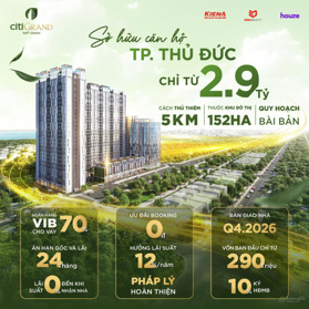 Mở bán căn hộ Citi Grand, Quận 2, TP. HCM, 2,9 tỷ. TT 10% triệu ký HDMB, tặng ngay 50 triệu