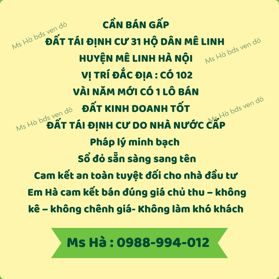 Cần bán gấp – siêu phẩm đất tái định cư có 102 tại trung tâm xã Mê Linh – Hà Nội , tái định cư