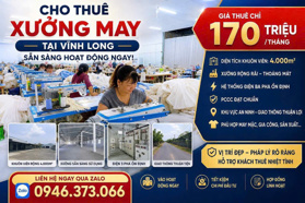 CHO THUÊ XƯỞNG MAY 4000M2 ĐÃ HOÀN CÔNG TẠI VĨNH LONG – SẴN PCCC TỰ ĐỘNG, HẠ TẦNG HOÀN CHỈNH