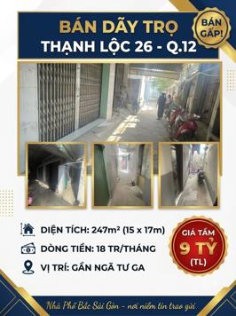 Bán dãy trọ Thạnh Lộc 26, Thạnh Lộc, Quận 12, 247m2 ngang 15m, thu 18tr/tháng, 9.29 tỷ